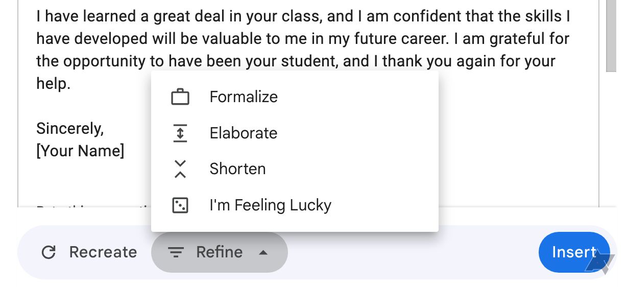 Refinar as opções do Help Me Write do Gmail.