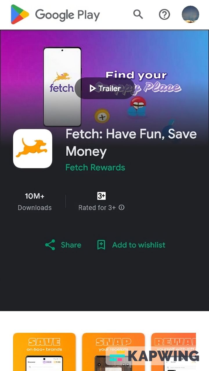 Visualização do aplicativo Fetch na Google Play Store.