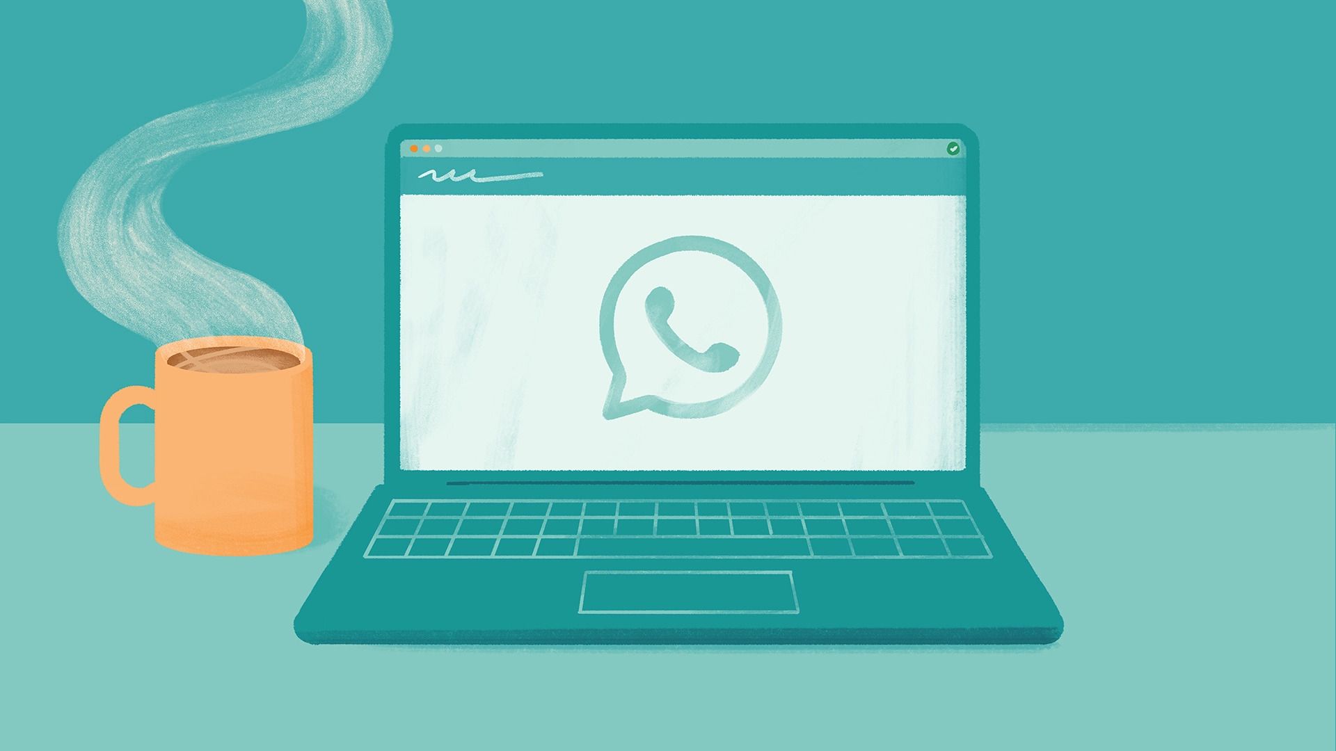 caneca fumegante à esquerda do laptop com o logotipo do WhatsApp em um fundo azul-petróleo claro e escuro