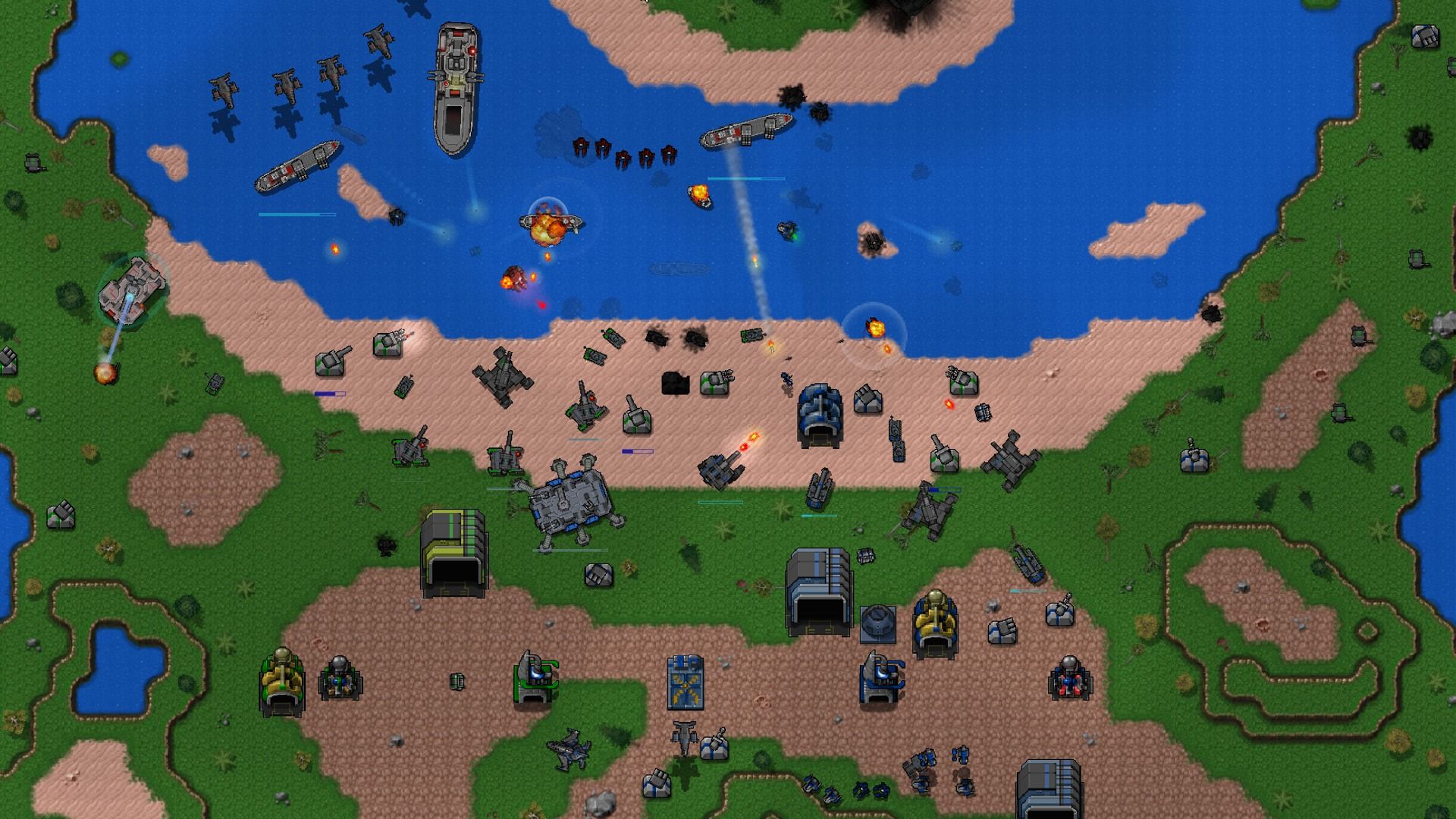 Captura de tela do Rusted Warfare mostrando dois exércitos lutando de uma perspectiva de cima para baixo