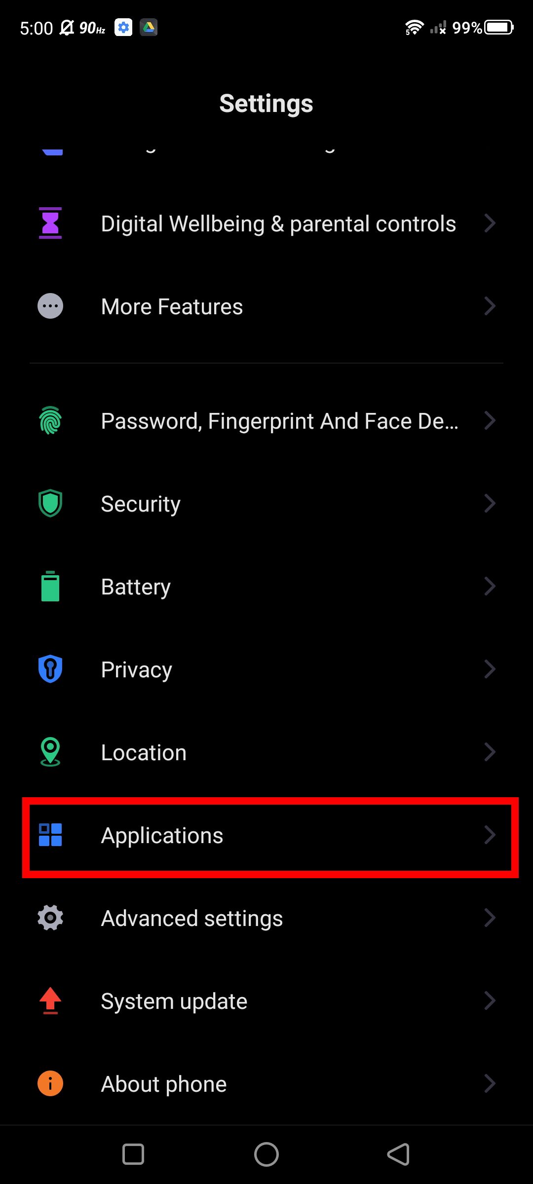 Retângulo vermelho sobre o aplicativo nas configurações do telefone Android