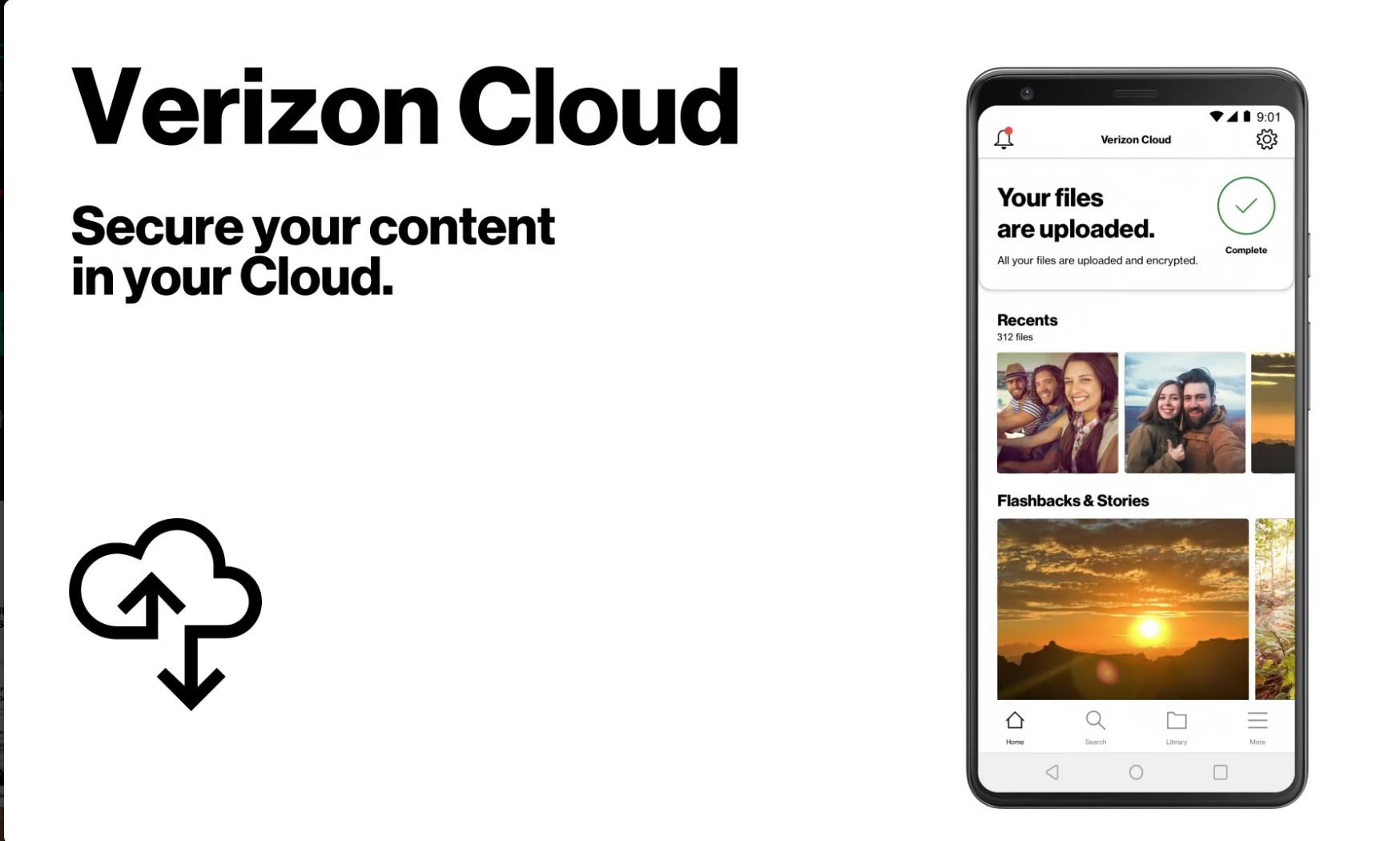 Introdução ao Verizon Cloud mostrando o logotipo e uma foto com uma tela de upload do aplicativo Cloud. 