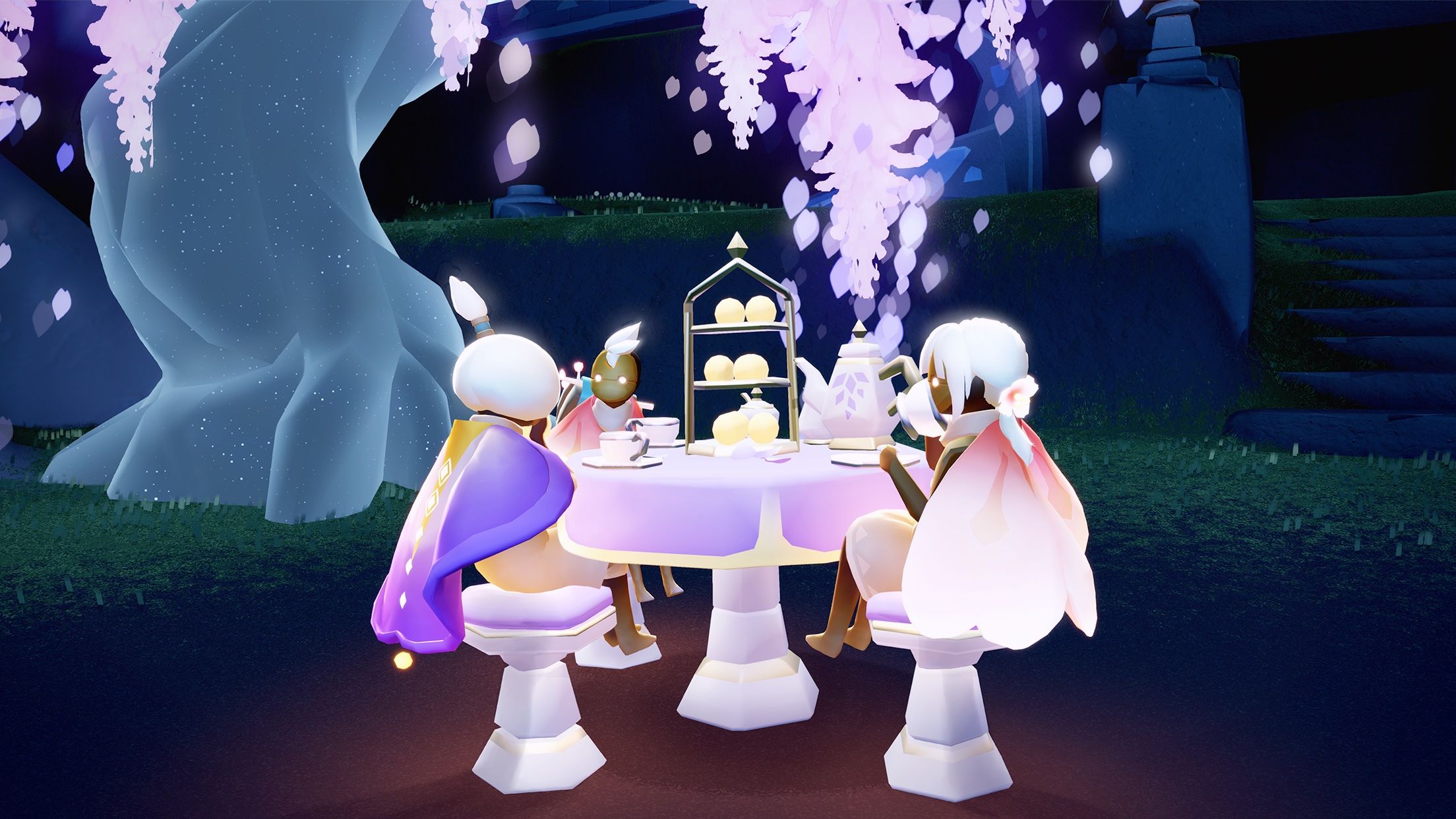 Filhos dos personagens leves sentados ao redor de uma mesa fazendo uma refeição