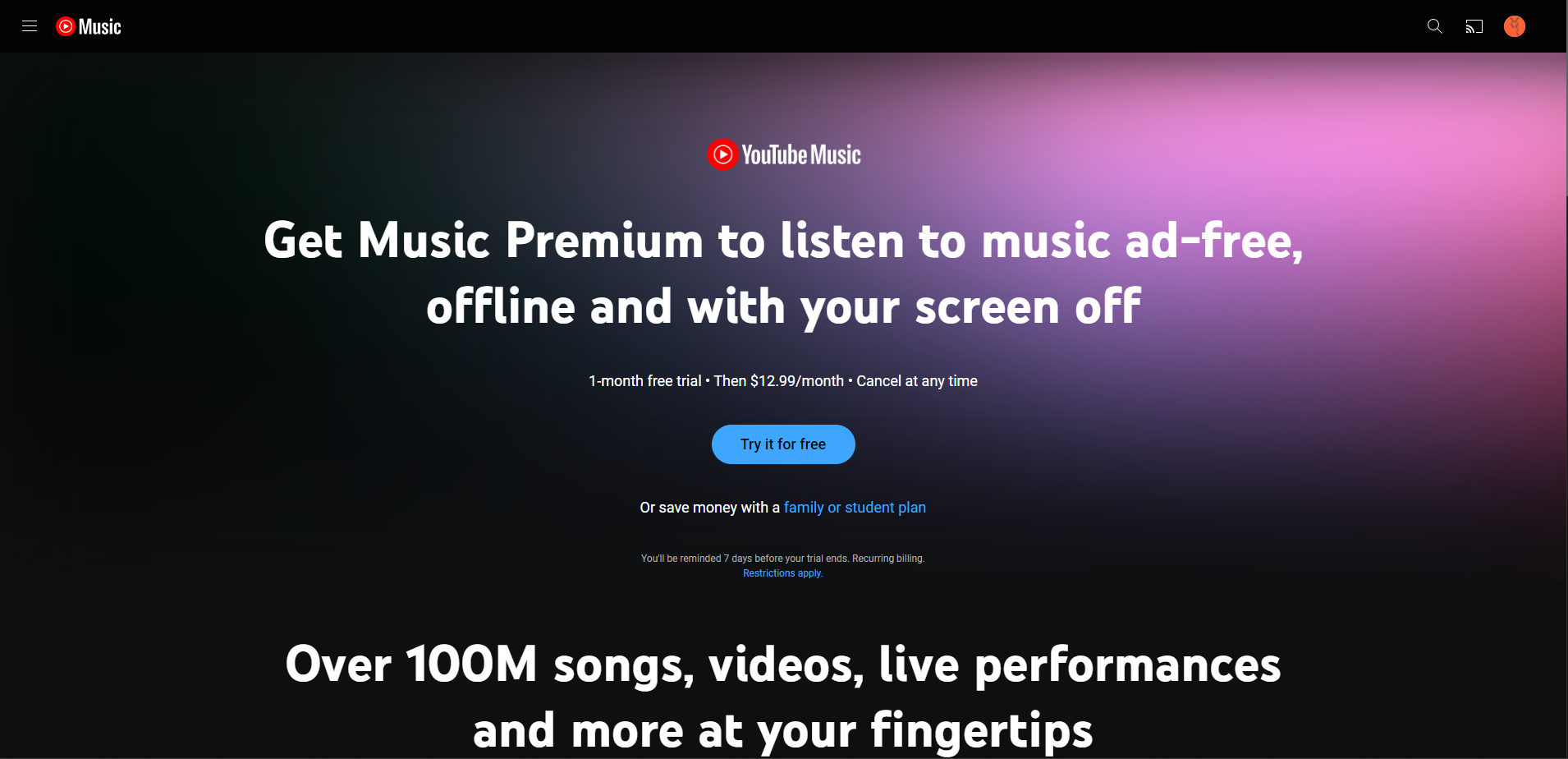Esta imagem é uma captura de tela de uma página promocional do YouTube Music.  A mensagem principal no texto em negrito branco diz: 