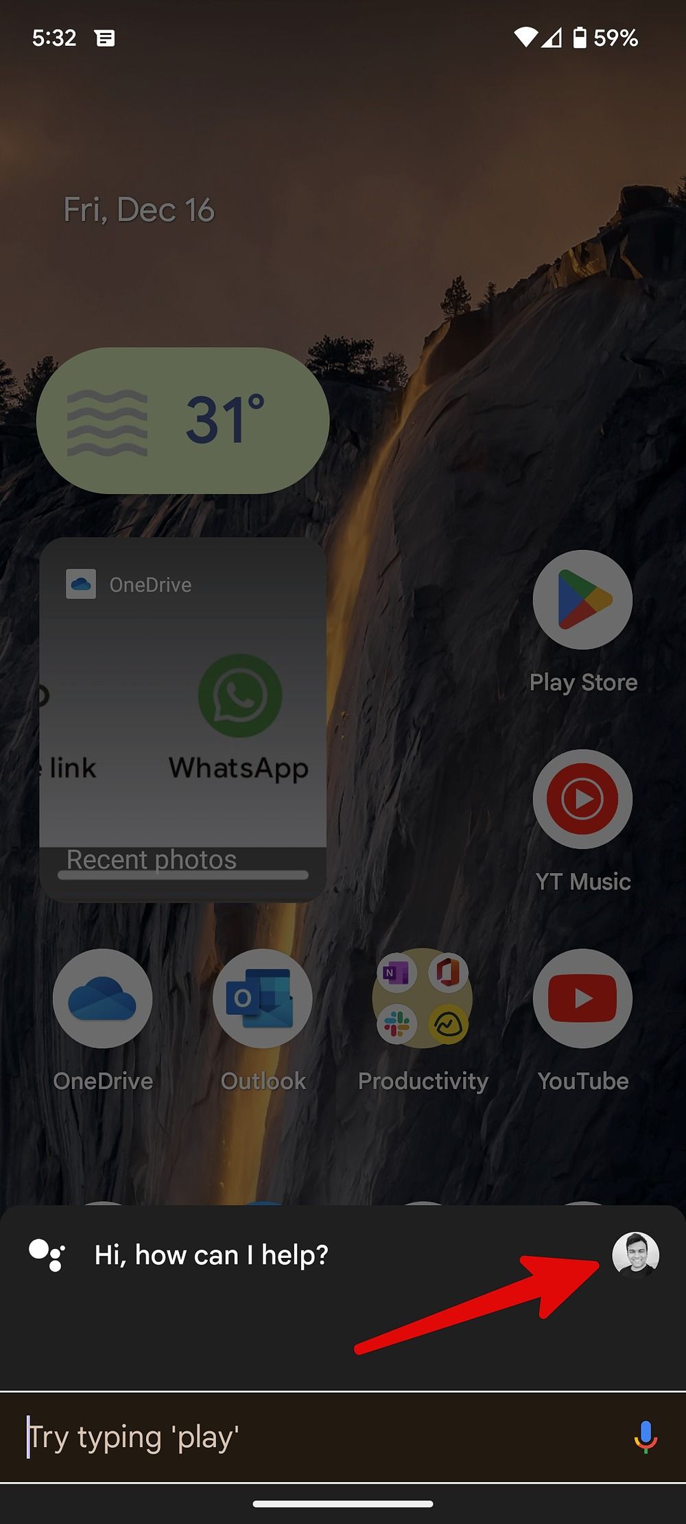 Captura de tela do ícone do perfil no menu do Google Assistant
