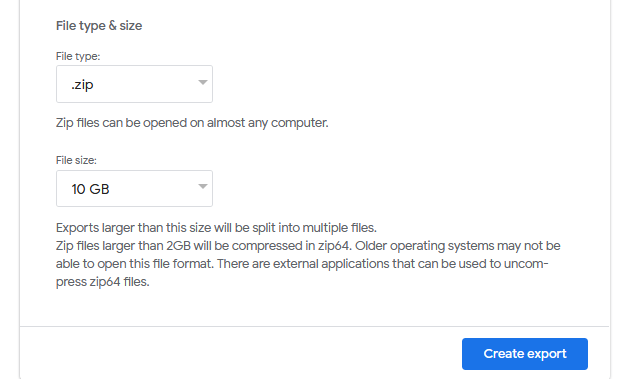 opções de tipo e tamanho de arquivo no Google Takeout