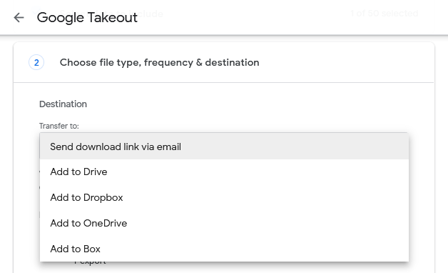 armazenamento em nuvem e opções de download no Google Takeout