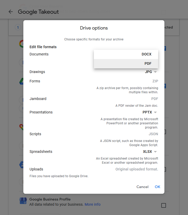 Os formatos de exportação do Google Takeout disponíveis para o Google Drive