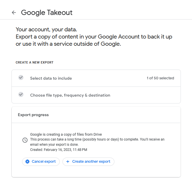 ferramenta de criação de exportação no Google Takeout