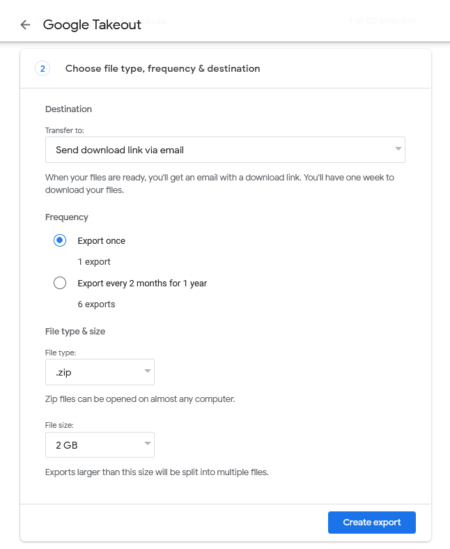 tamanho do arquivo e opções de destino no Google Takeout