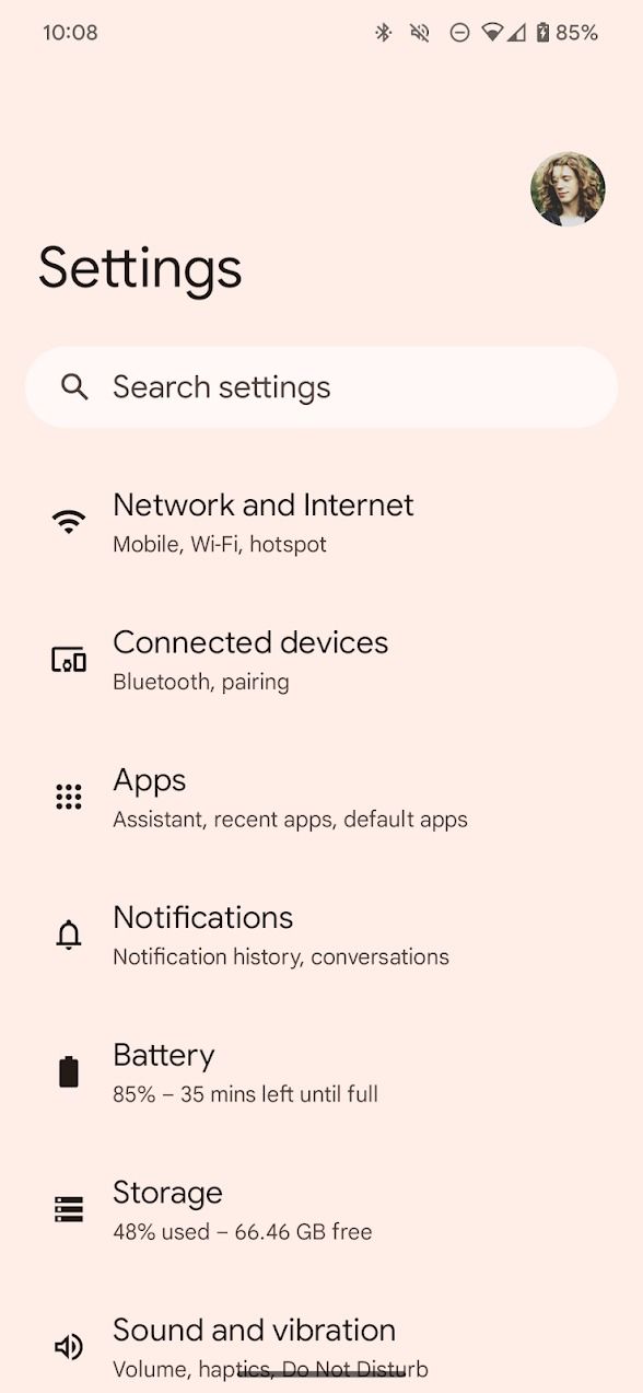 tela inicial do aplicativo de configurações do Android 14