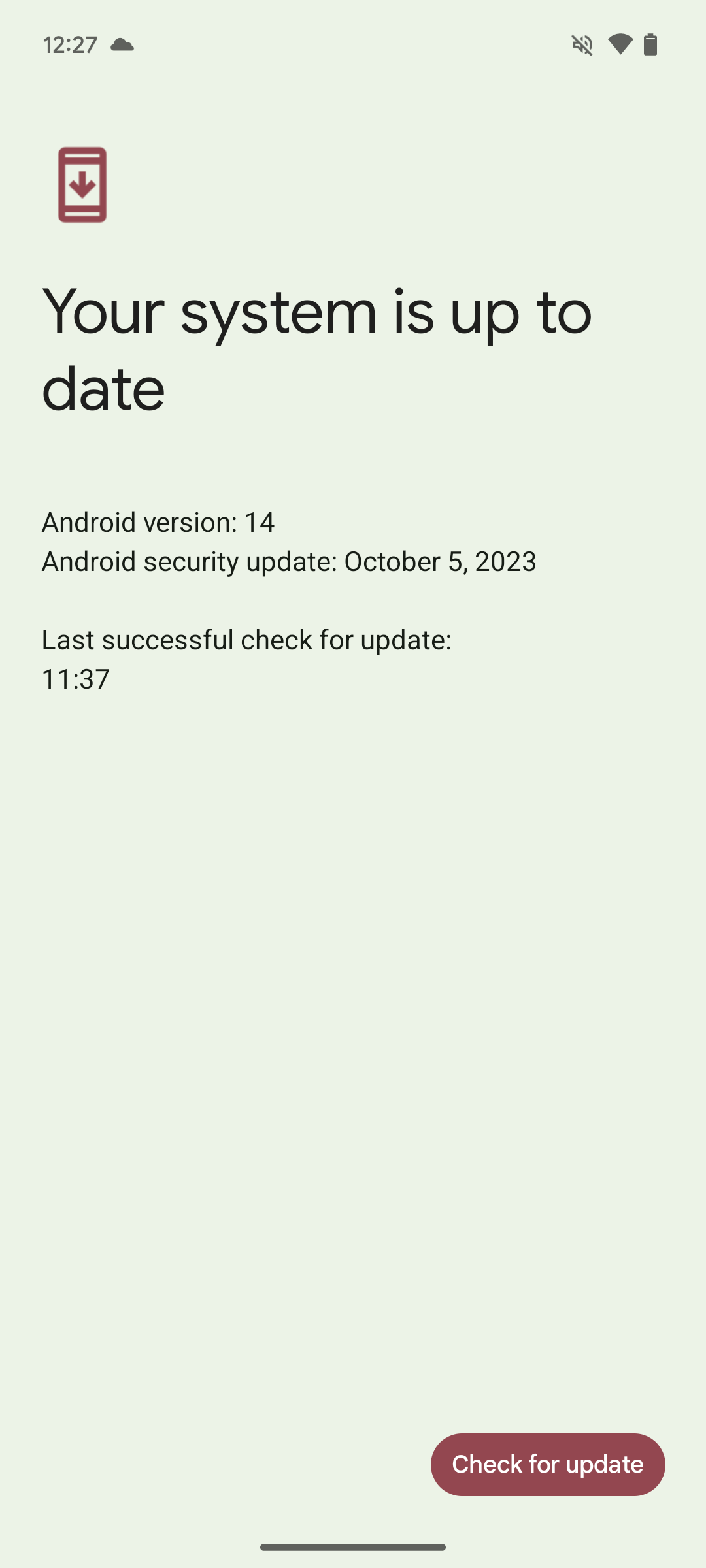Captura de tela mostrando que as atualizações do sistema estão atualizadas no Android 14 QPR1