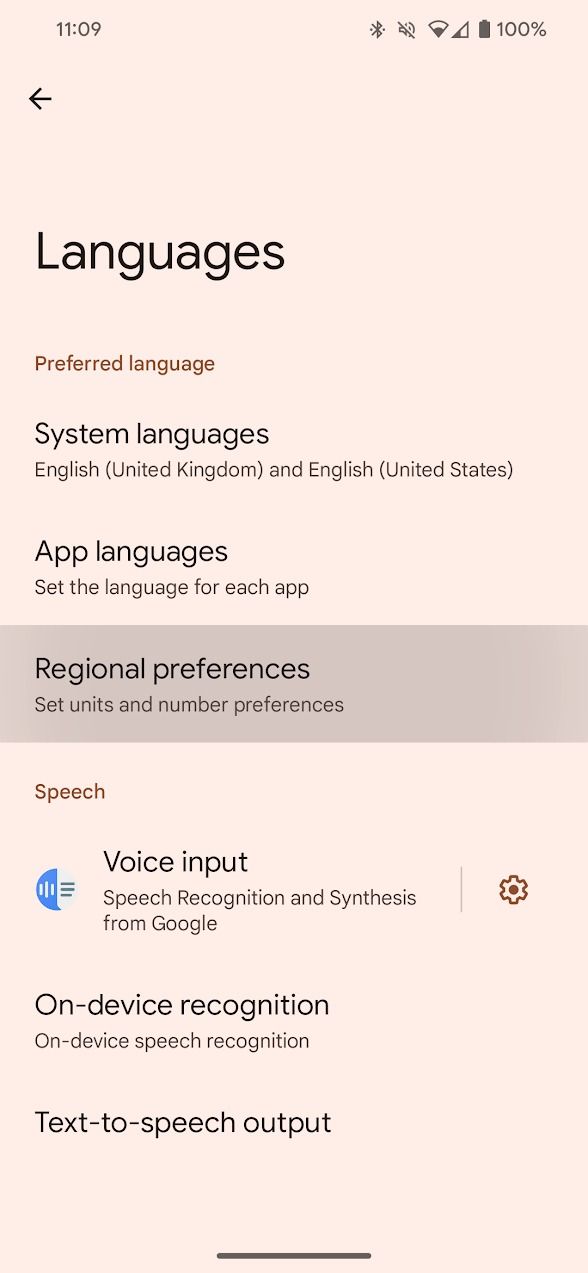 menu de idiomas no aplicativo de configurações do Android 14