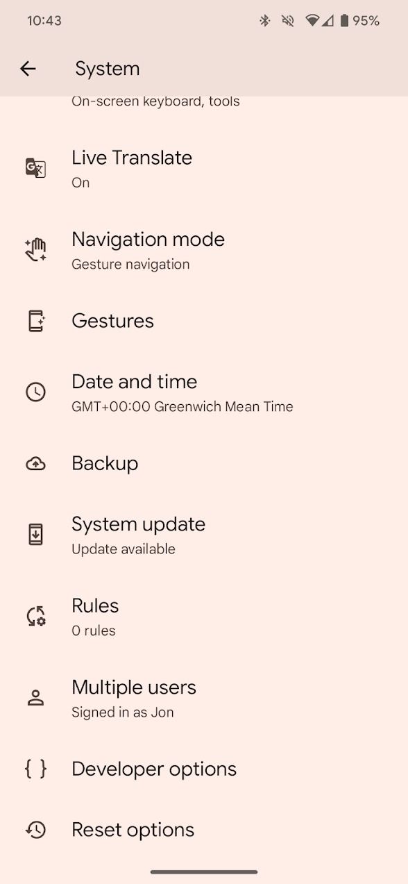 menu do sistema no aplicativo de configurações do Android 14