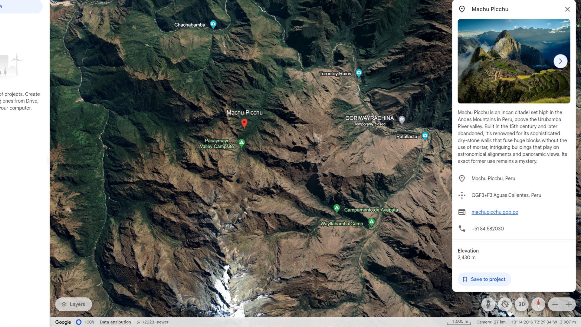 Captura de tela do Google Earth mostrando um cartão de informações