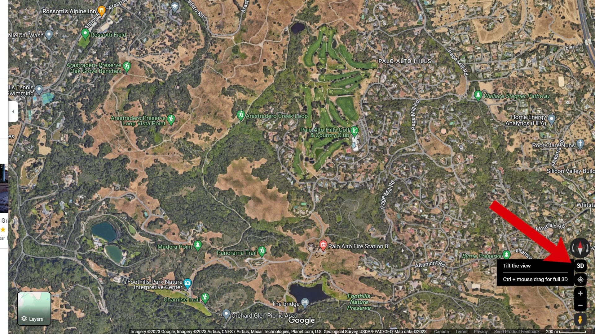 Captura de tela do Google Maps mostrando a opção 3D