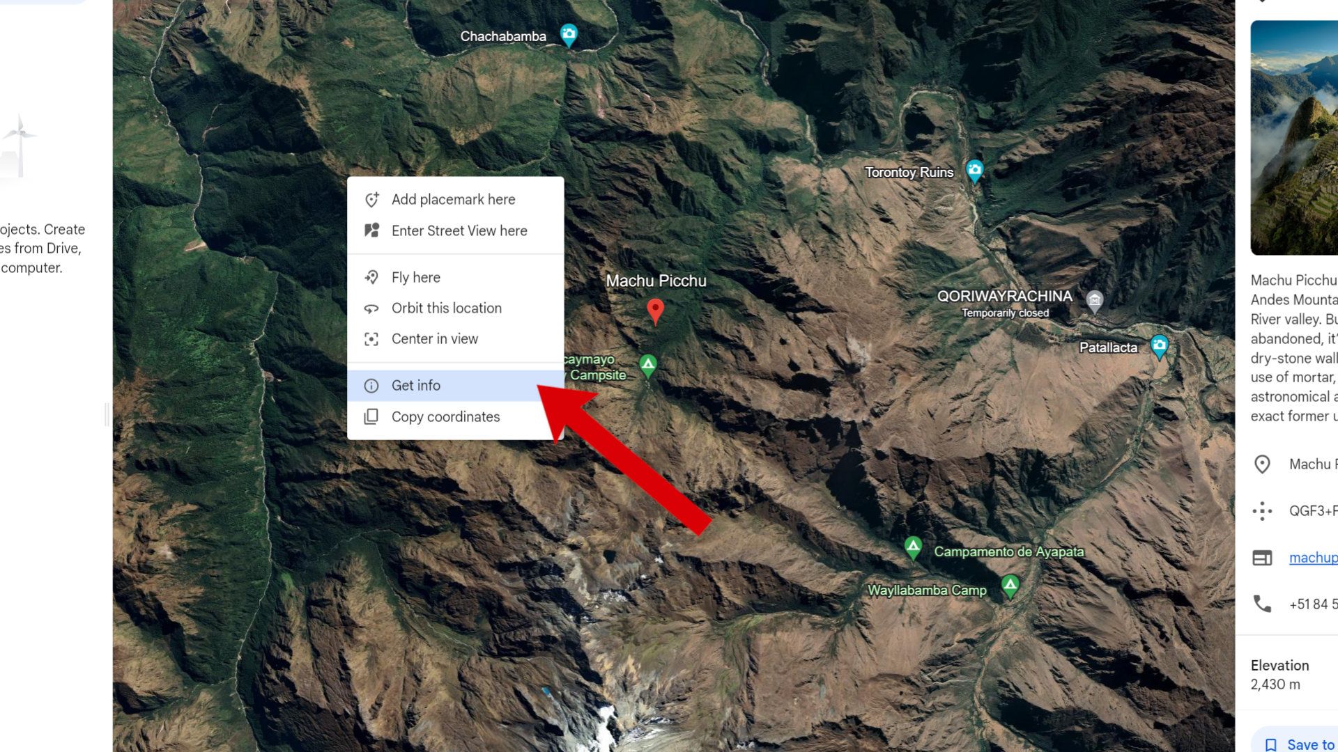 Captura de tela do Google Earth mostrando o menu pop-up Obter informações