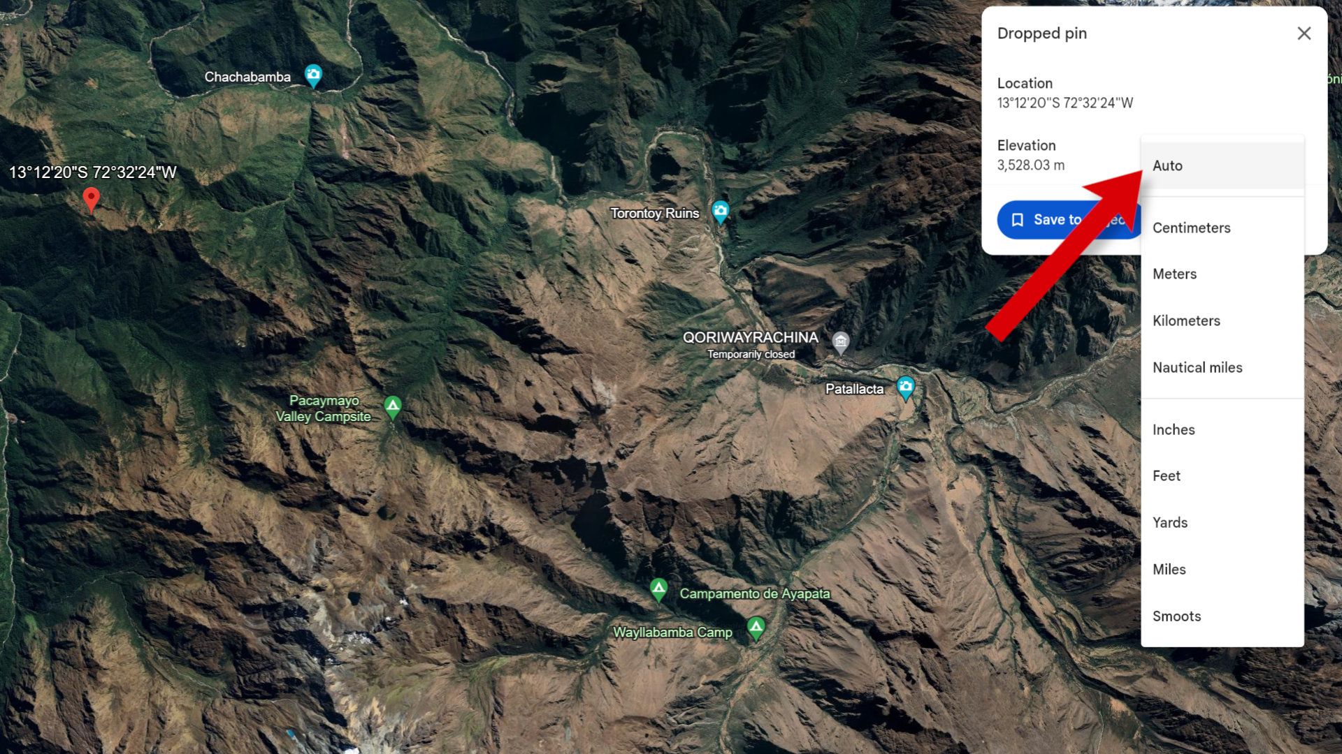 Captura de tela do Google Earth mostrando o menu de unidades de elevação