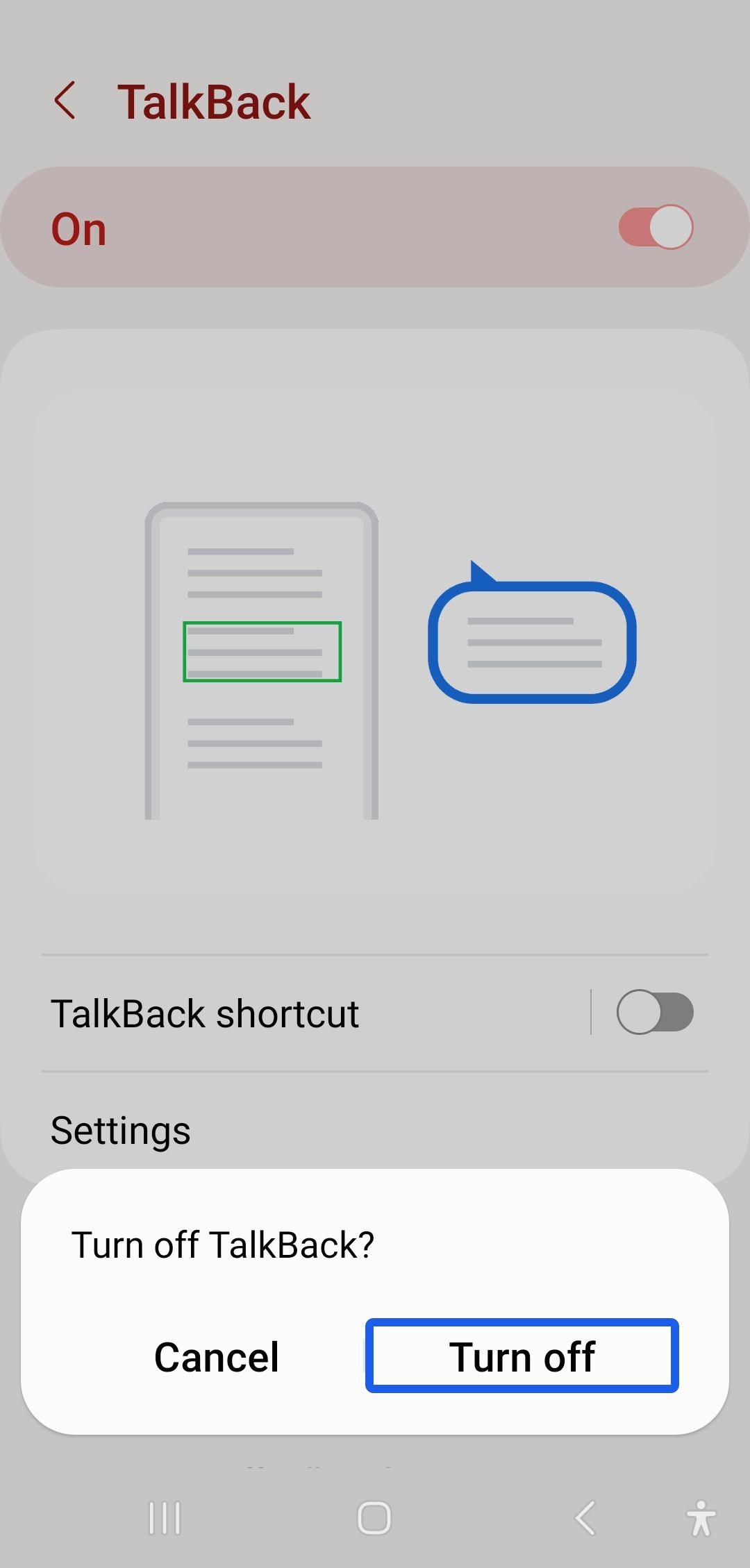 foco do contorno azul do talkback sobre a opção de desligar na página de talkback