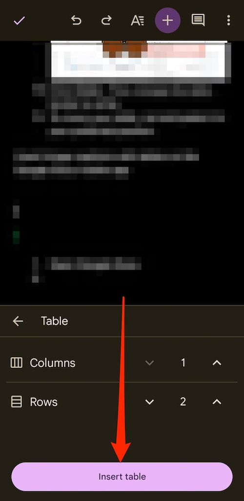 Inserindo tabela no aplicativo móvel Google Docs