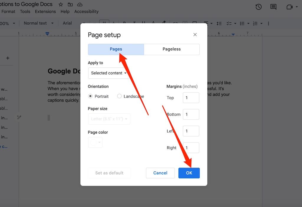 Mudando da configuração Pageless para Pages no aplicativo da web Google Docs