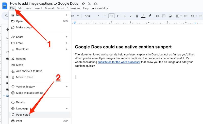 Opções de arquivo no aplicativo da web Google Docs