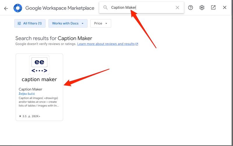 Pesquisando o complemento Caption Maker no Google Workspace Marketplace