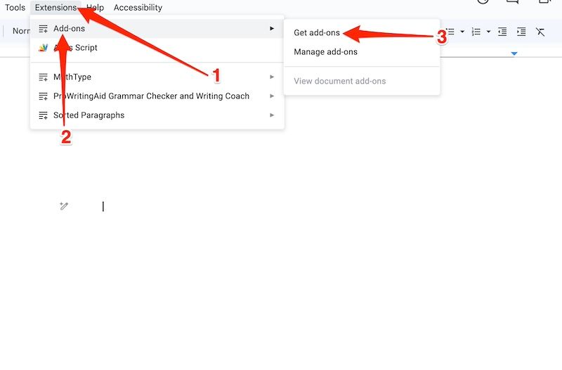 Opções de extensões no Google Docs
