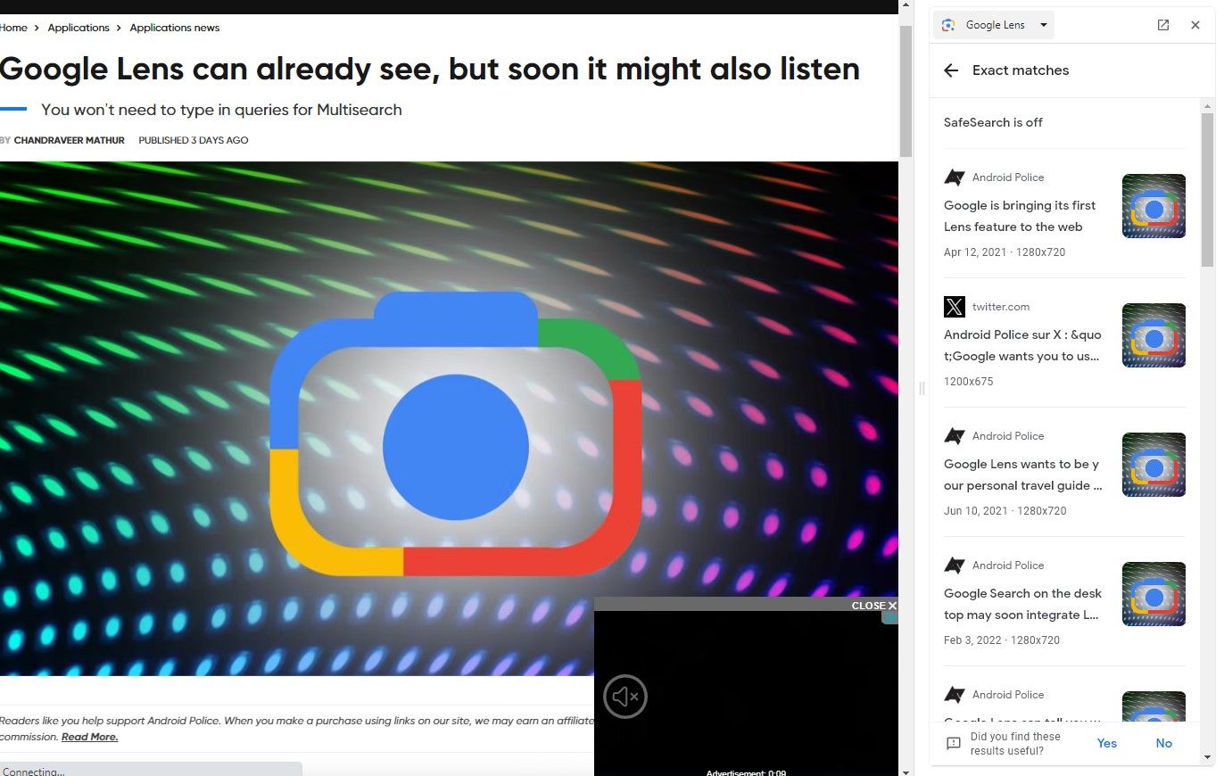 Resultados da pesquisa reversa de imagens do Google Lens no Chrome a partir de uma imagem de página da web do Android Police.