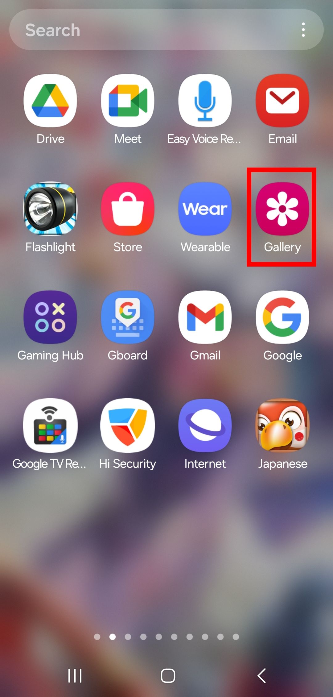 contorno de retângulo vermelho sobre o ícone do aplicativo Samsung Gallery na tela inicial
