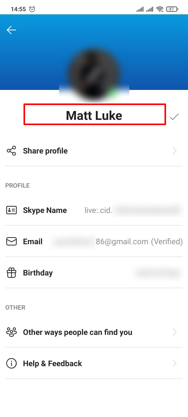 Alteração do nome de exibição do Skype no aplicativo Android