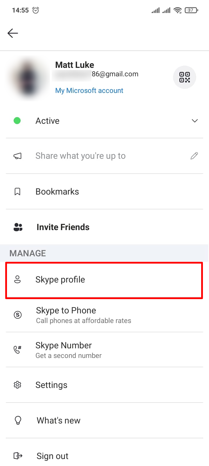 Configurações do aplicativo Skype para Android com perfil do Skype em destaque
