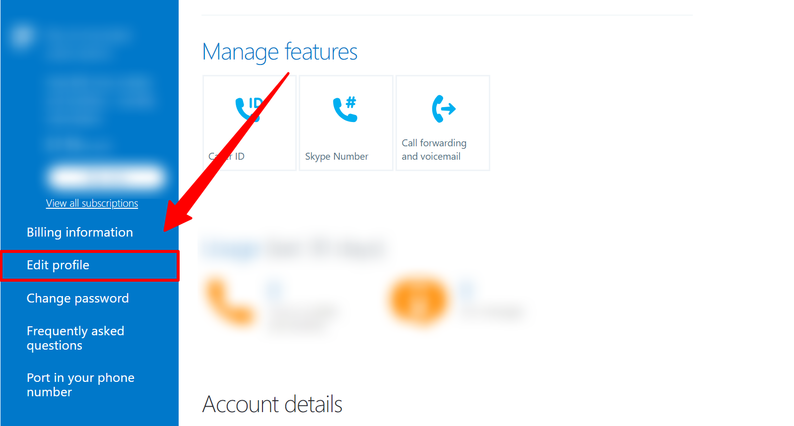 Edite o perfil na tela principal do navegador Skype