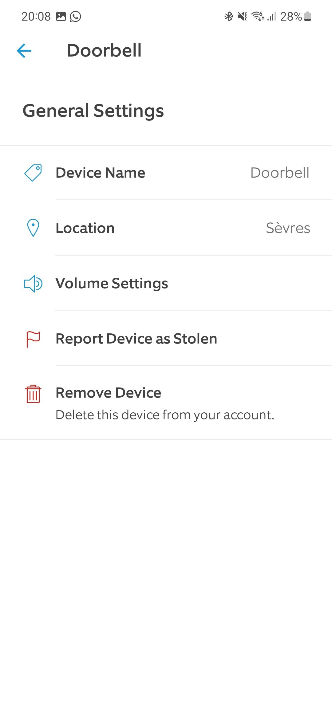 Captura de tela do aplicativo Ring mostrando a confirmação de exclusão do dispositivo 
