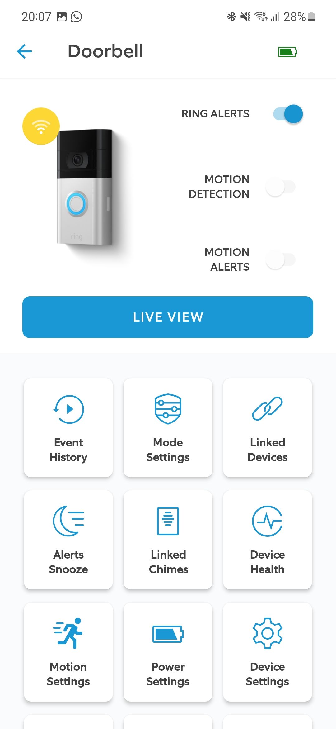 Captura de tela do aplicativo Ring mostrando os detalhes do dispositivo
