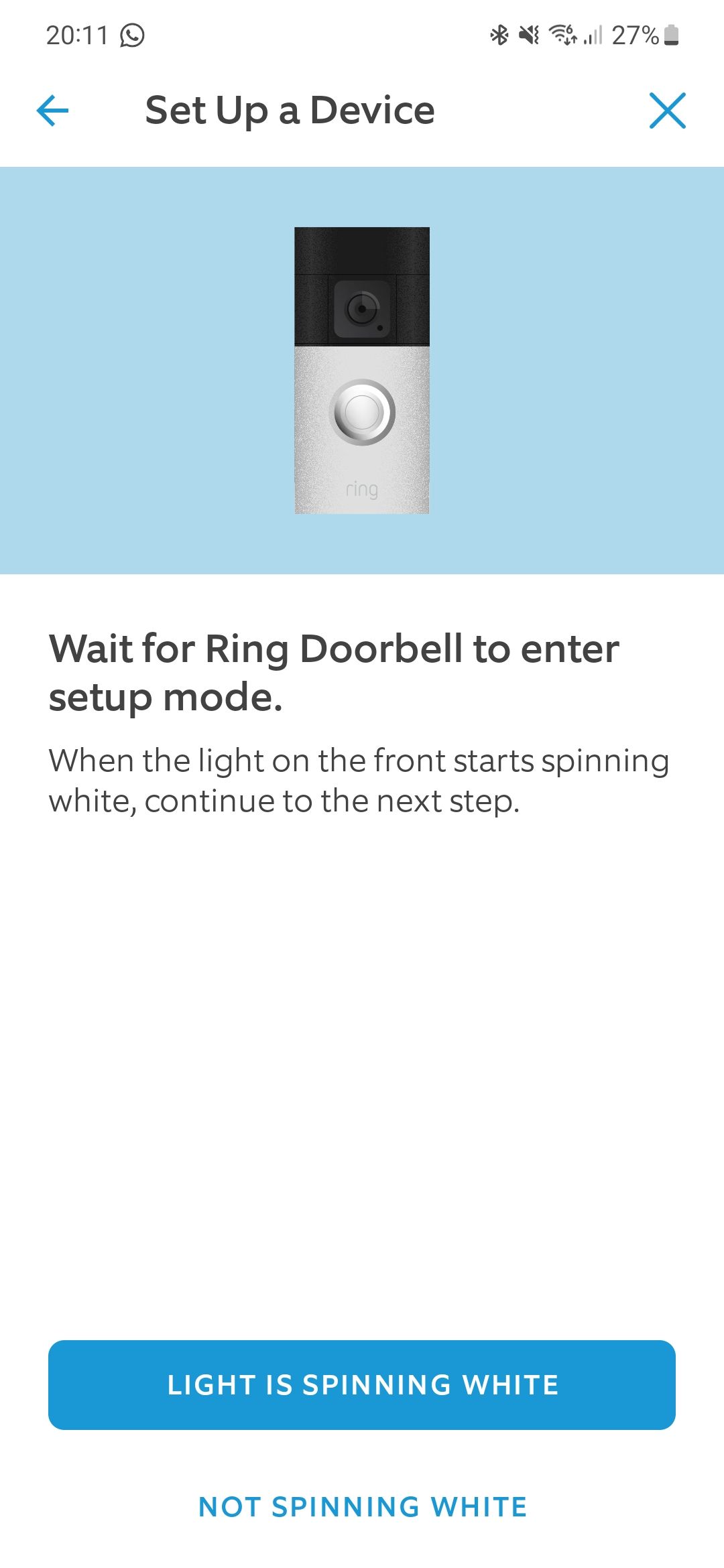 Captura de tela do aplicativo Ring mostrando o processo de configuração da campainha