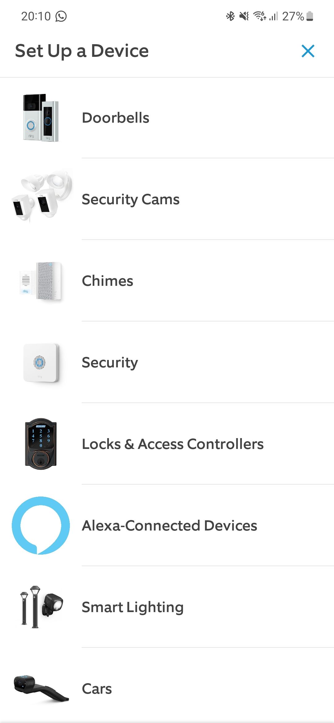 Captura de tela do aplicativo Ring mostrando a lista de dispositivos para configurar