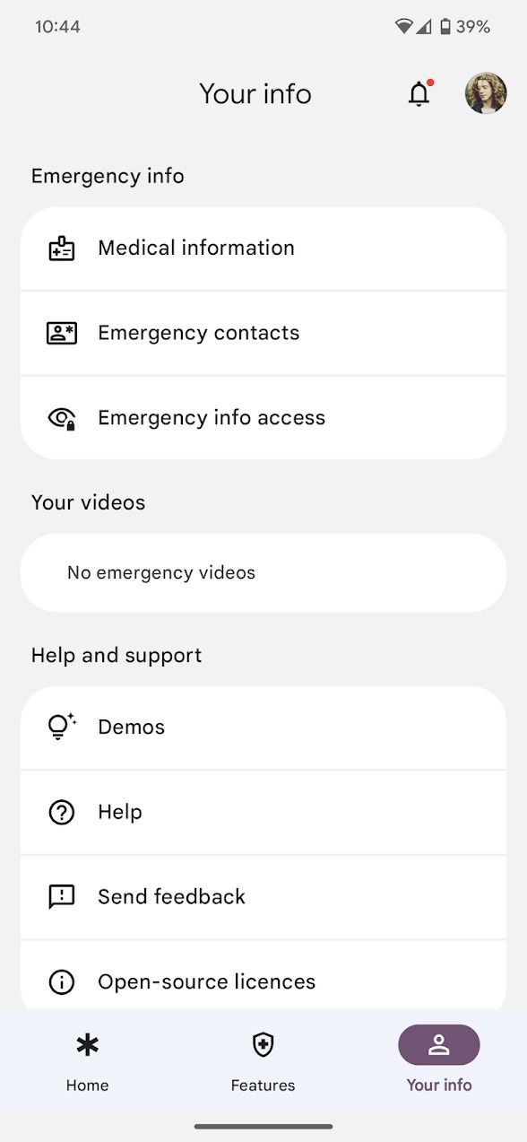 tela de informações de emergência do aplicativo Android de segurança pessoal