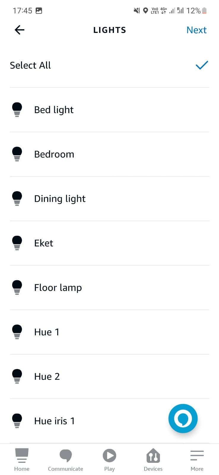 Uma captura de tela das luzes inteligentes Alexa