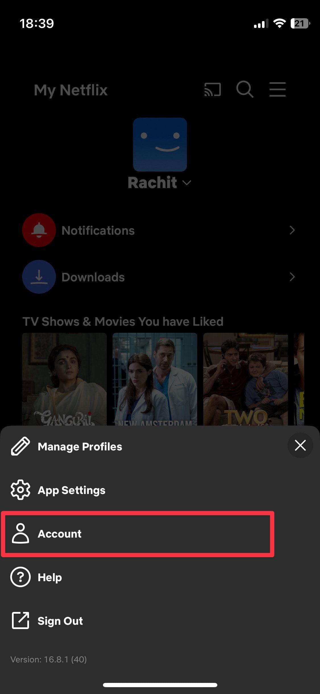 Captura de tela do menu hambúrguer do Netflix mostrando a opção de configuração da conta