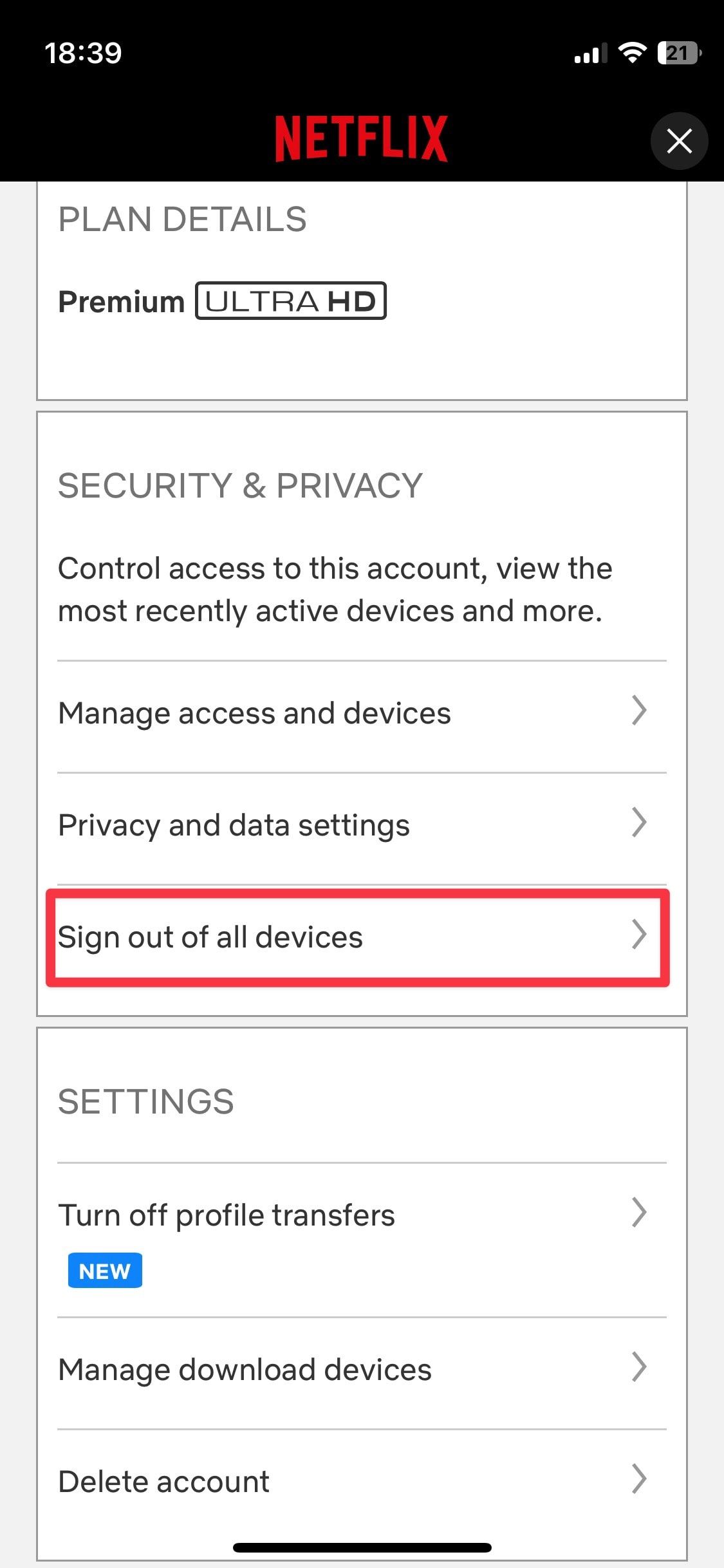 Captura de tela da página de configurações da conta do aplicativo móvel Netflix mostrando a opção de sair de todos os dispositivos