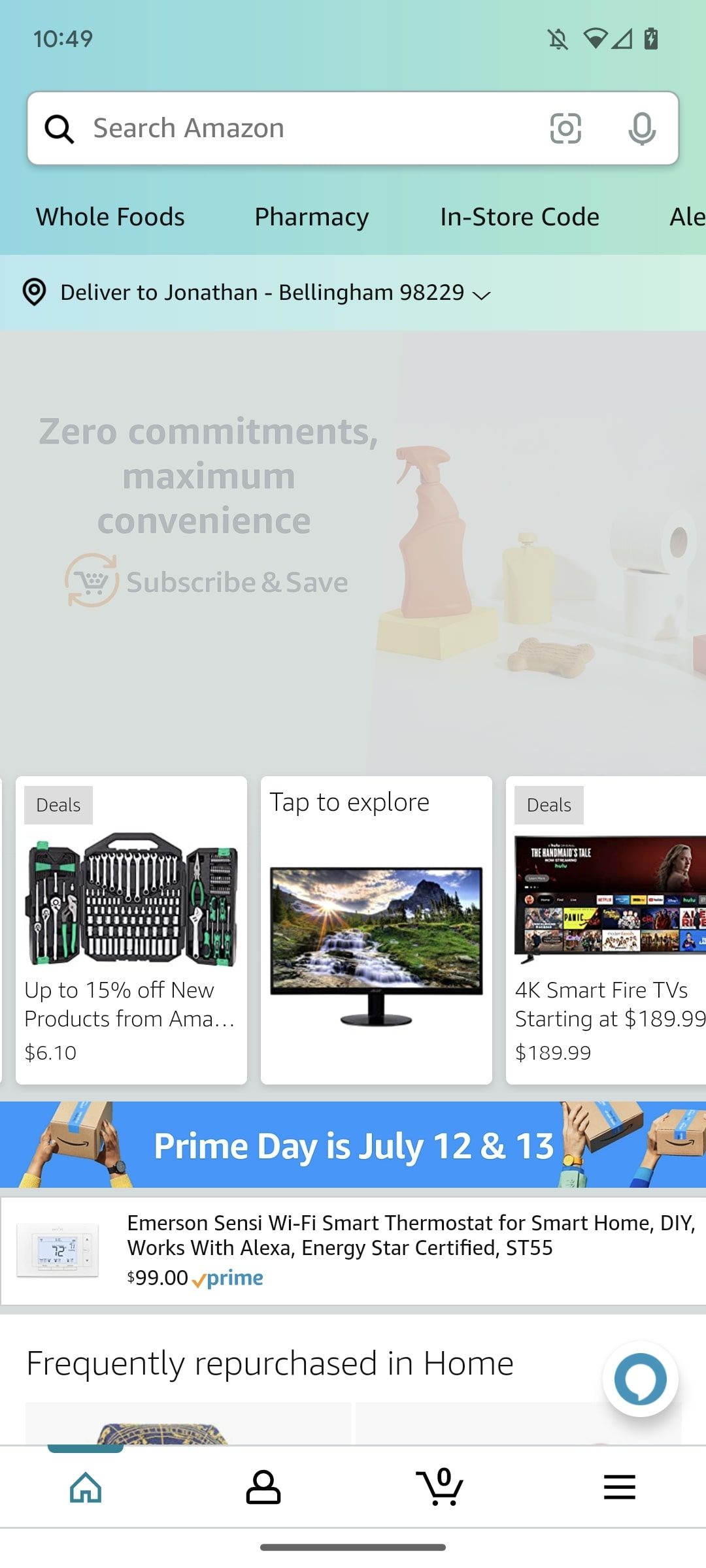 tela inicial do aplicativo de compras amazon