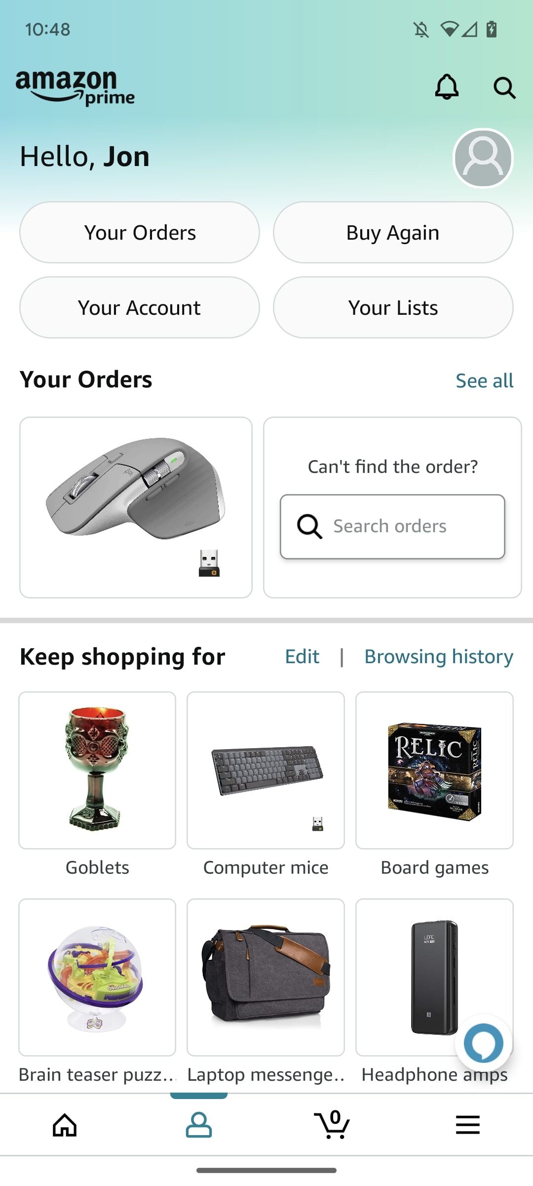 página de perfil do aplicativo de compras Amazon