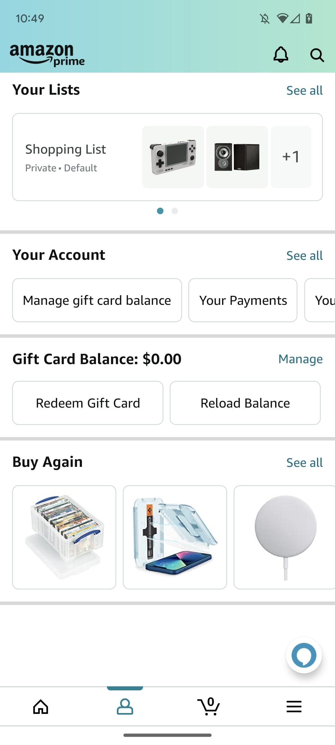 captura de tela do perfil do aplicativo de compras Amazon