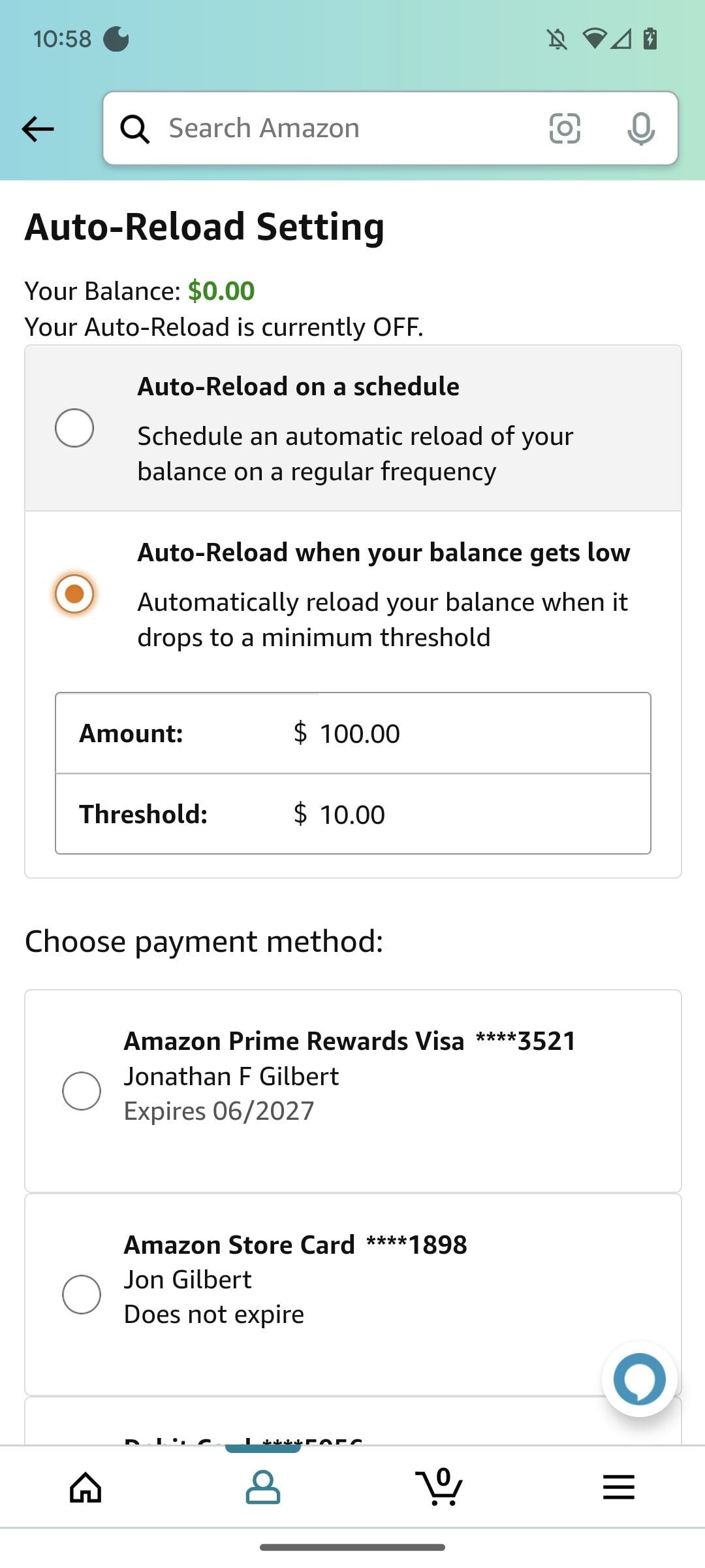 captura de tela do Amazon Shopping do limite de recarga automática sendo definido