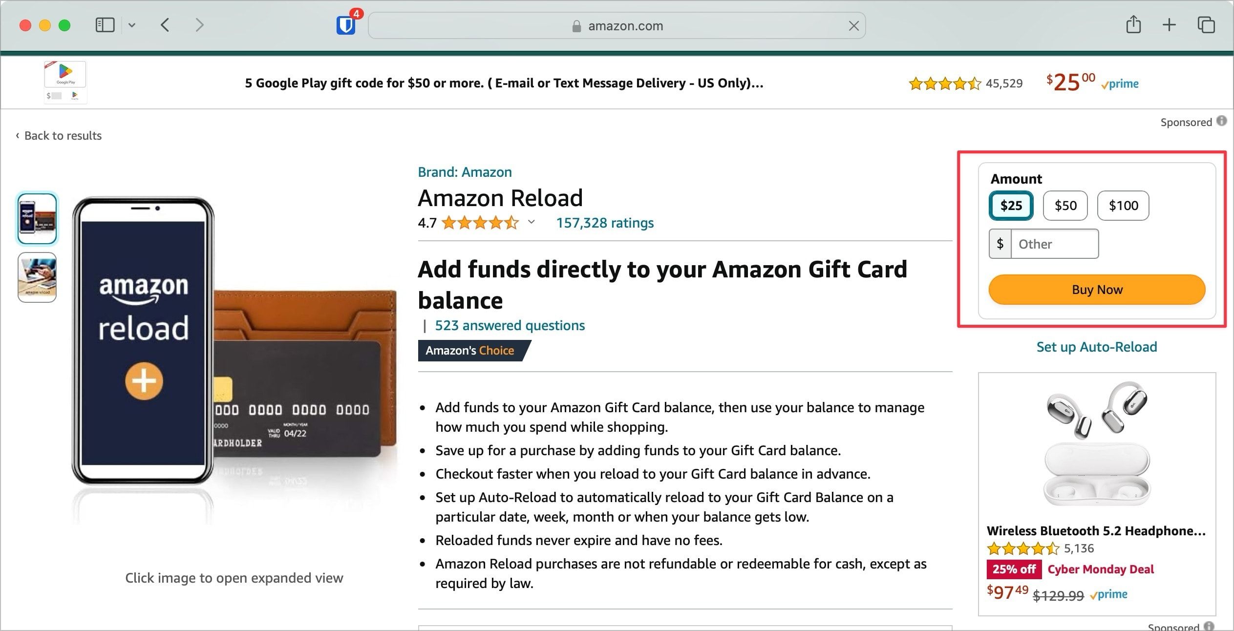Captura de tela da página de compra de recarga de vale-presente da Amazon
