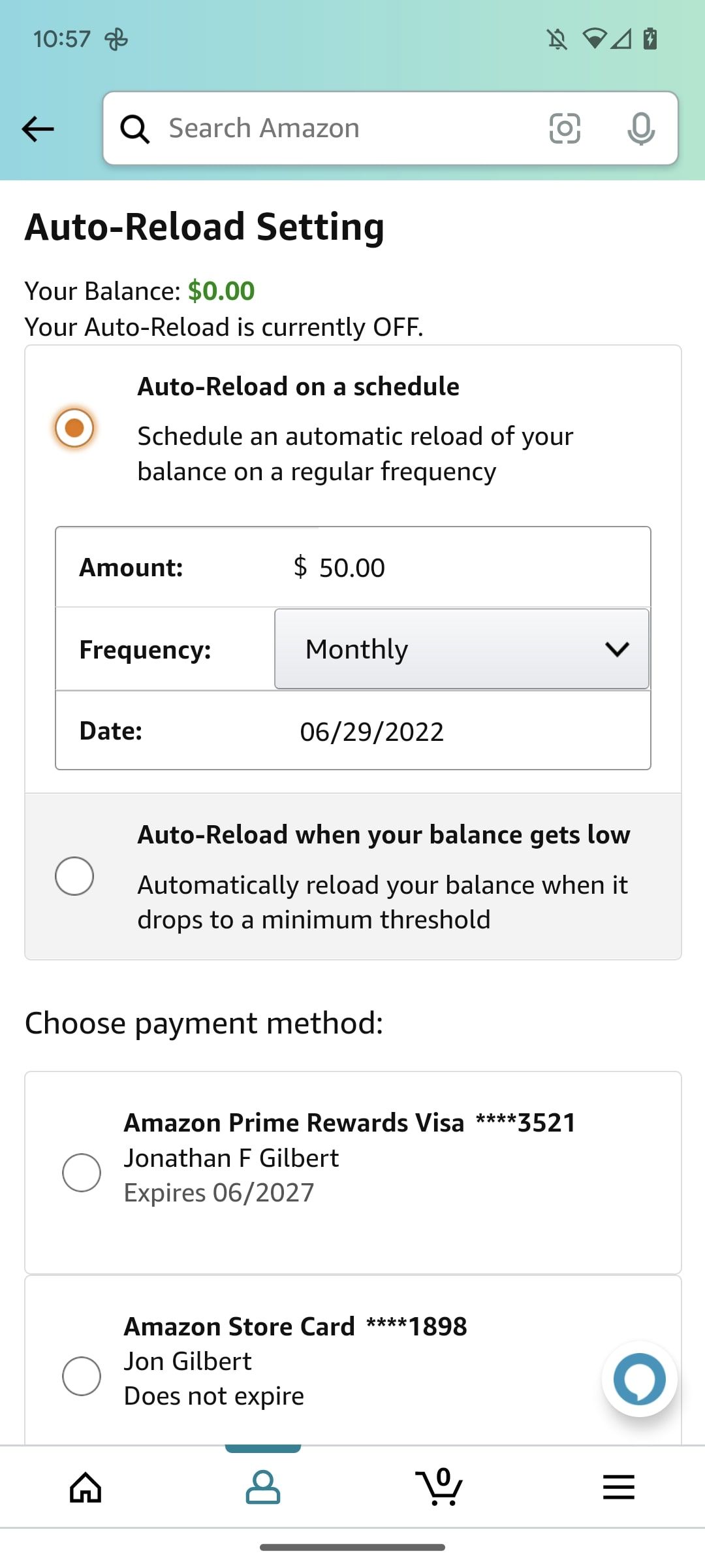 Captura de tela do aplicativo Amazon Shopping, saldo do cartão-presente, recarga automática
