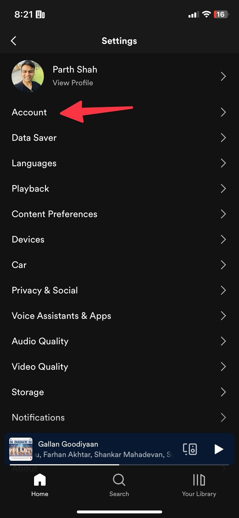 abra o menu da conta do Spotify