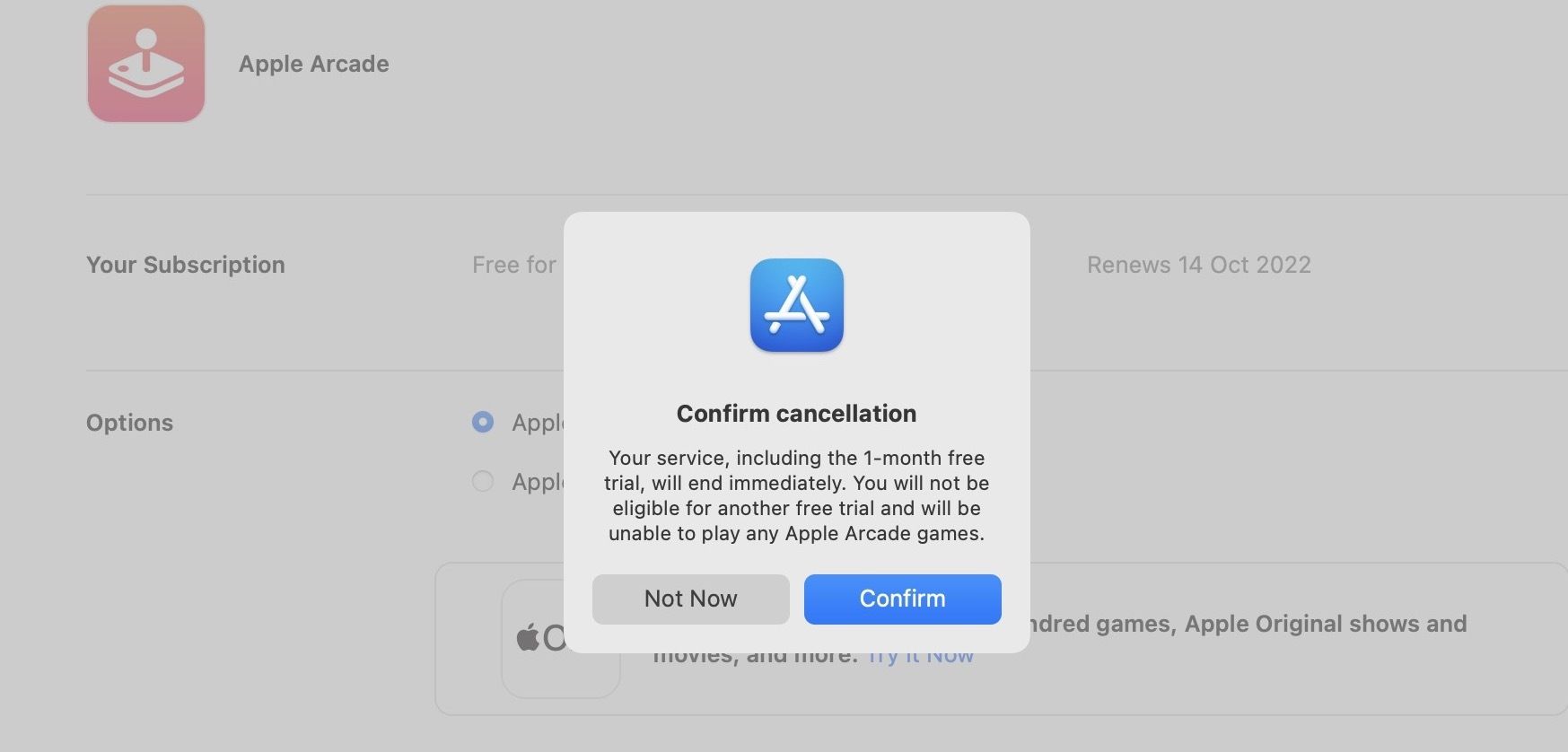 captura de tela da janela de confirmação de cancelamento para assinaturas no macOS