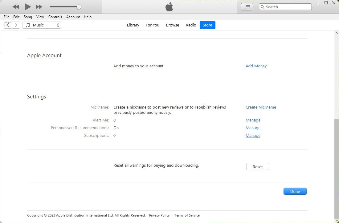 página da conta no iTunes para Windows